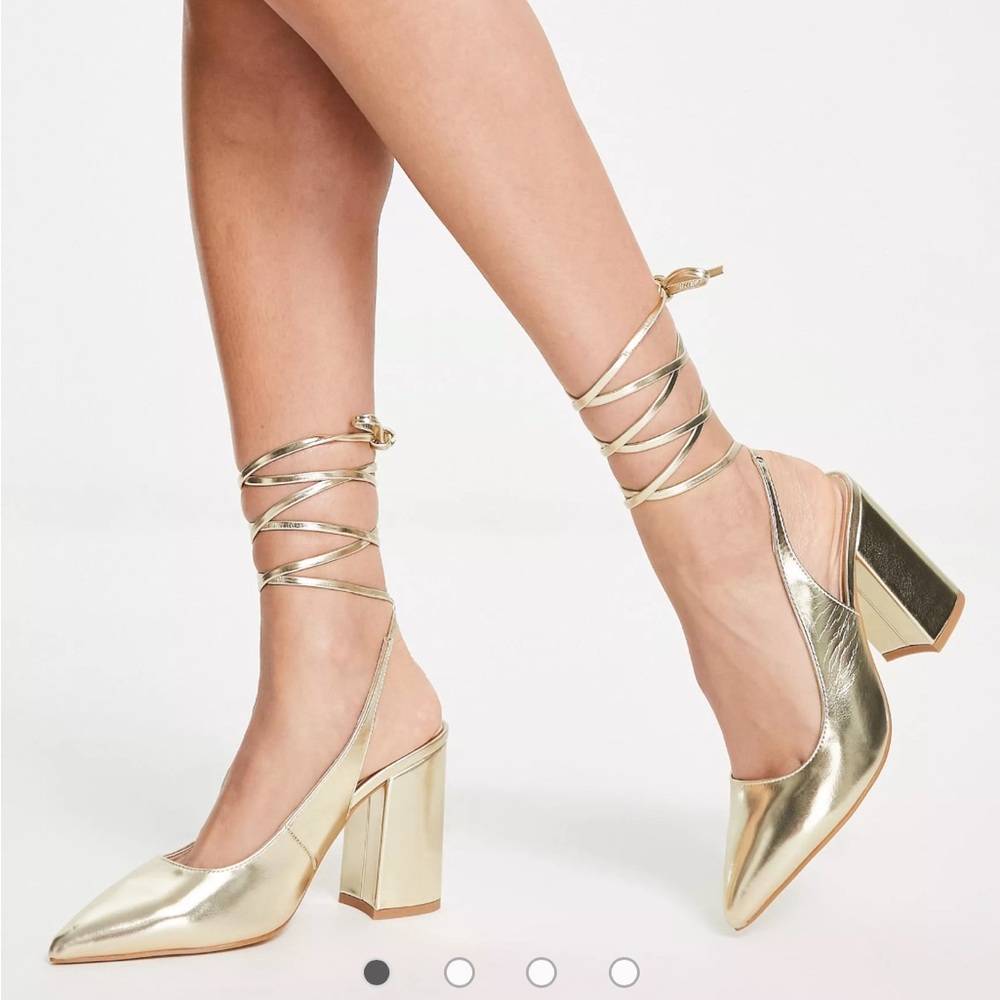 London Rebel pointed tie leg stiletto heeled shoes in gold. New with box